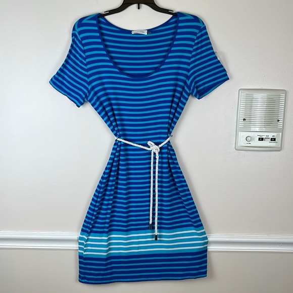 Calvin Klein Striped Blue/Turquoise/White T-Shirt Dress w/Belt, Size 8, Rayon - Picture 2 of 14